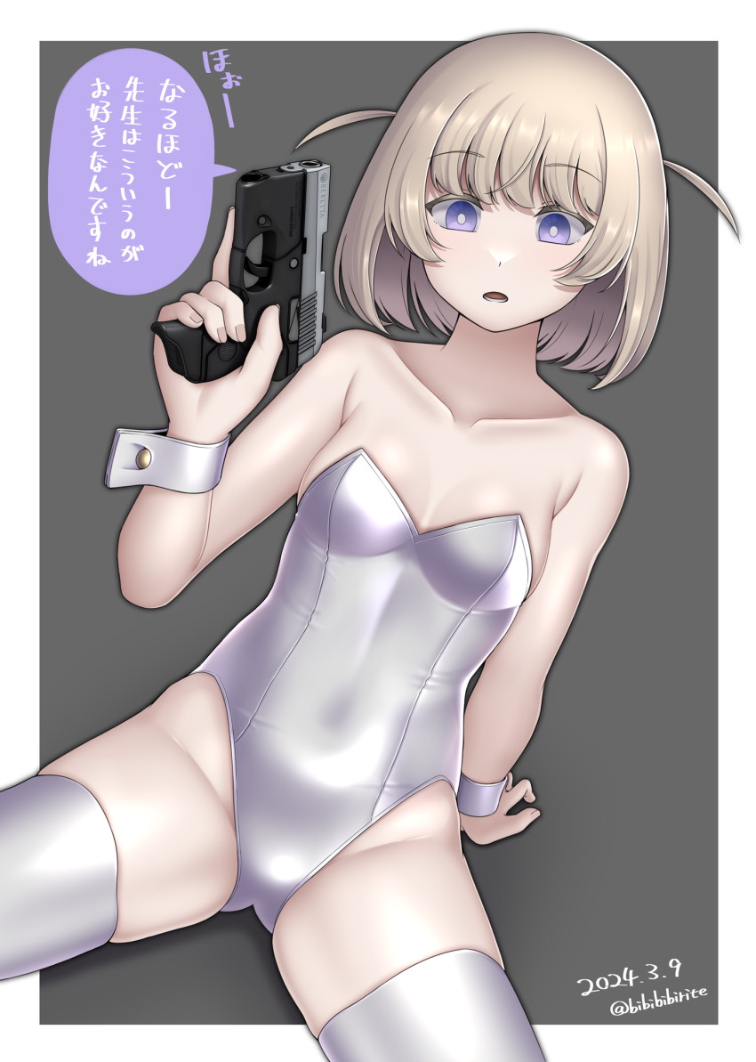 1girl arm_support bare_shoulders bismuth_(paravene) brown_hair collarbone dated grey_background grey_leotard grey_thighhighs groin gun handgun highres holding holding_gun holding_weapon legs_apart leotard looking_at_viewer original parted_lips purple_eyes sitting solo spread_legs strapless strapless_leotard thighhighs translation_request twitter_username two-tone_background two_side_up weapon weapon_request white_background wrist_cuffs