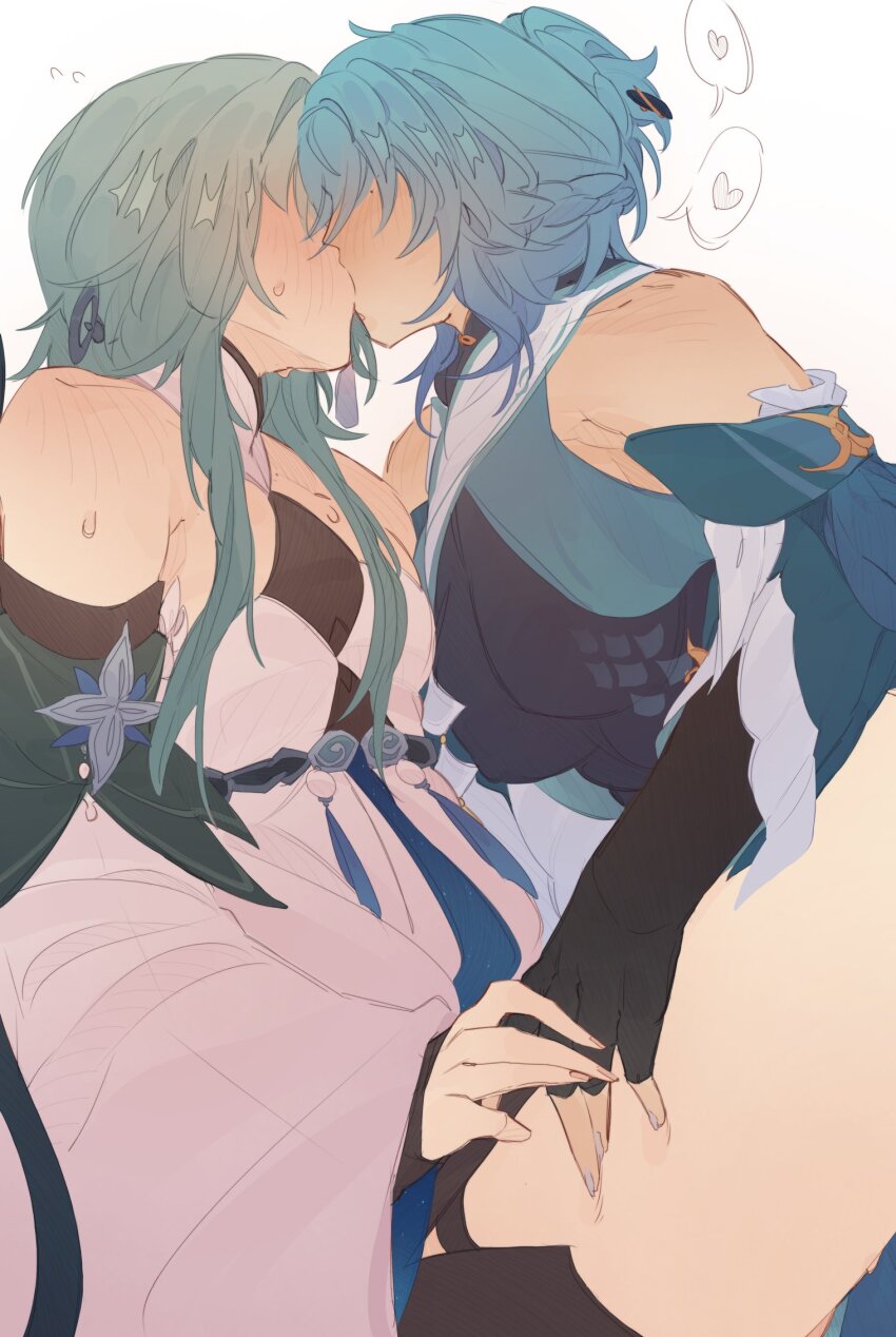2girls bare_shoulders black_gloves blackrunel blue_hair blush bodysuit commentary dress elbow_gloves fingerless_gloves french_kiss genshin_impact gloves green_hair guizhong_(genshin_impact) hair_bun hand_on_another&#039;s_thigh heart highres holding_hands kiss long_hair long_sleeves madame_ping_(genshin_impact) multiple_girls pink_dress sidelocks simple_background spoken_heart sweatdrop symbol-only_commentary white_background yuri