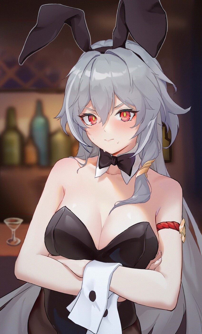 1girl absurdres alcohol animal_ears artist_request bar_(place) black_bow black_bowtie blush bow bowtie breasts counter crossed_arms fake_animal_ears grey_hair herrscher_of_sentience highres honkai_(series) honkai_impact_3rd leotard liquor playboy_bunny rabbit_ears red_eyes solo sweat tagme