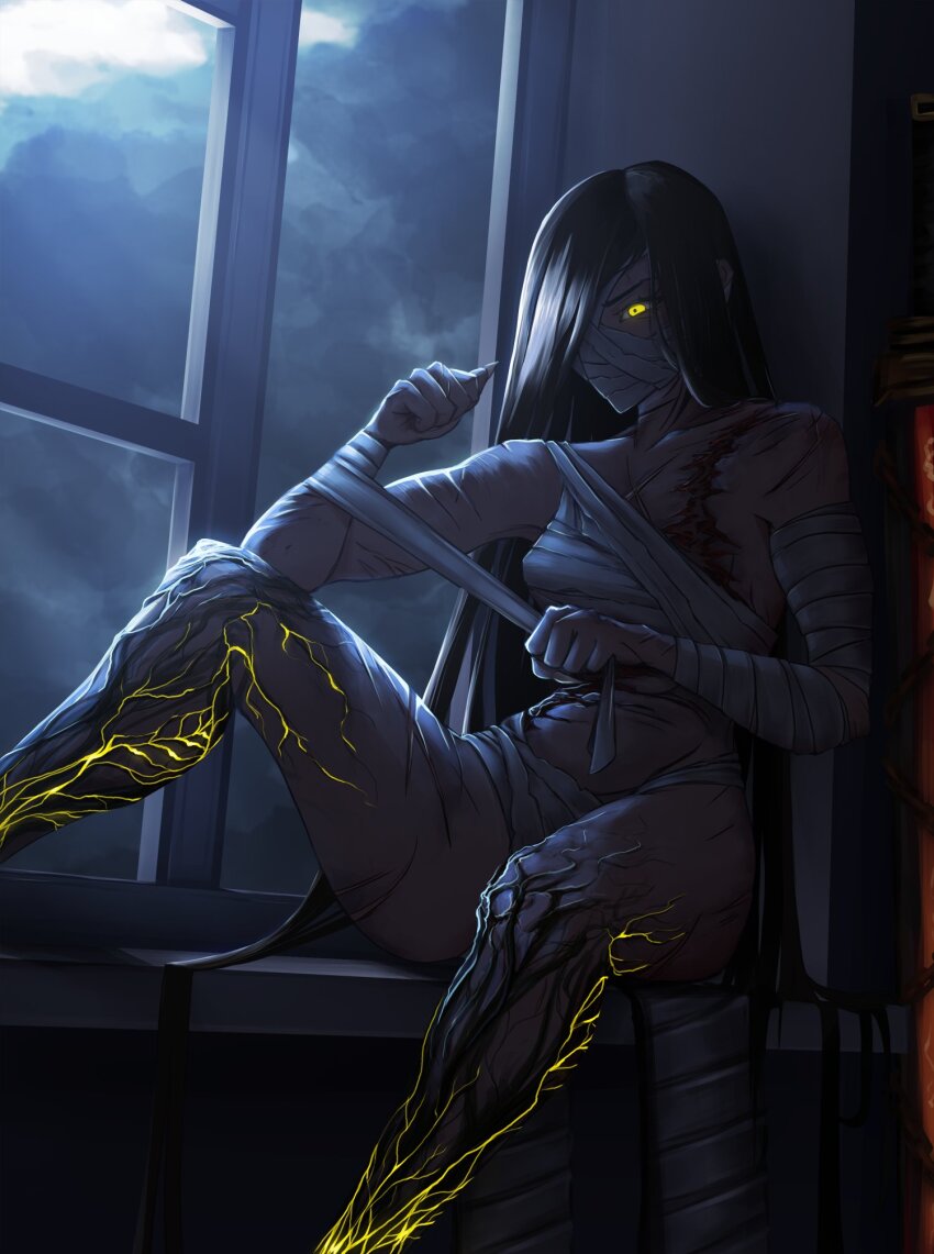 1girl applying_bandages bandage_on_hip bandage_over_one_eye bandaged_arm bandaged_chest bandaged_head bandages bandages_over_mouth battle_scarred black_hair chest_sarashi dark-skinned_female dark_skin glowing glowing_eye glowing_veins hair_down hair_over_one_eye highres limbus_company long_hair moonlight naked_bandage one_eye_covered project_moon sarashi scar scar_on_chest sitting solo window yellow_eyes zilu_(project_moon) zio_444