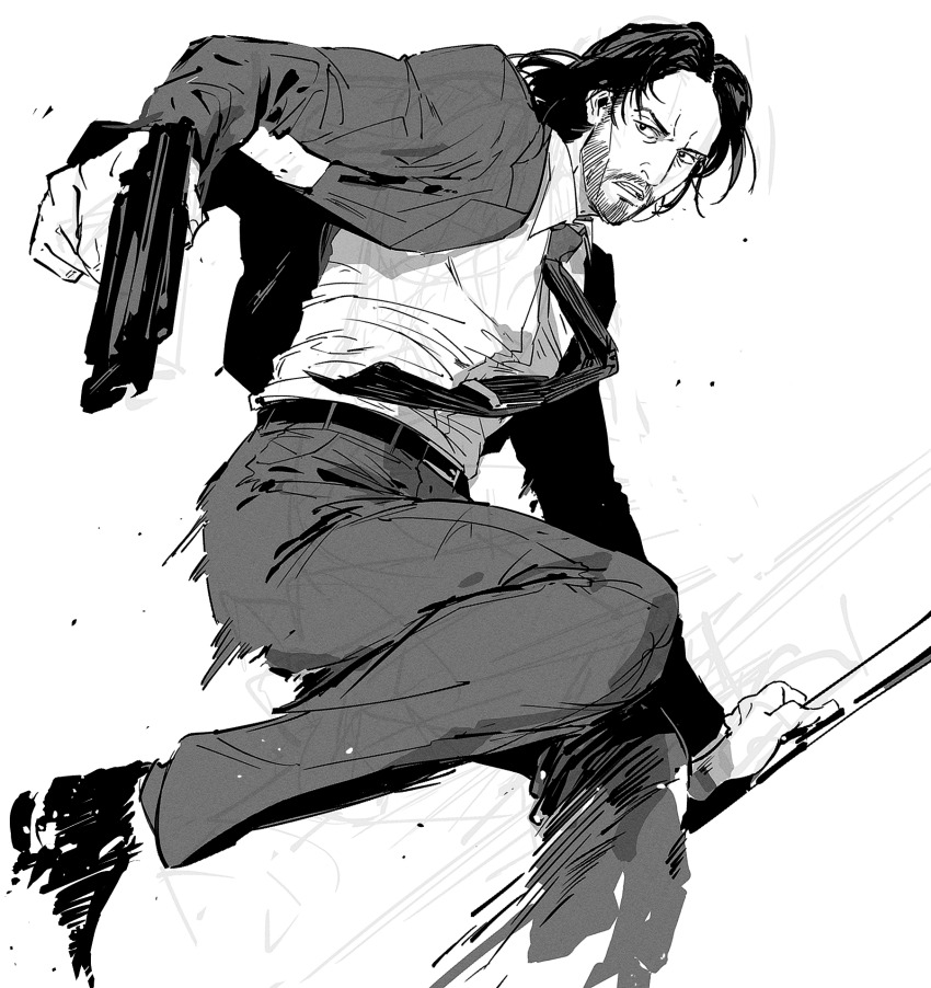 1boy 6cheetah arm_support arm_up beard belt black_belt black_necktie black_suit collared_shirt dress_shirt facial_hair formal_clothes grey_pants greyscale gun handgun highres holding holding_gun holding_weapon jacket john_wick john_wick_(character) long_sleeves looking_to_the_side male_focus monochrome necktie open_clothes open_jacket pants parted_lips shirt sideways_glance sketch solo suit suit_jacket weapon white_background white_shirt wing_collar