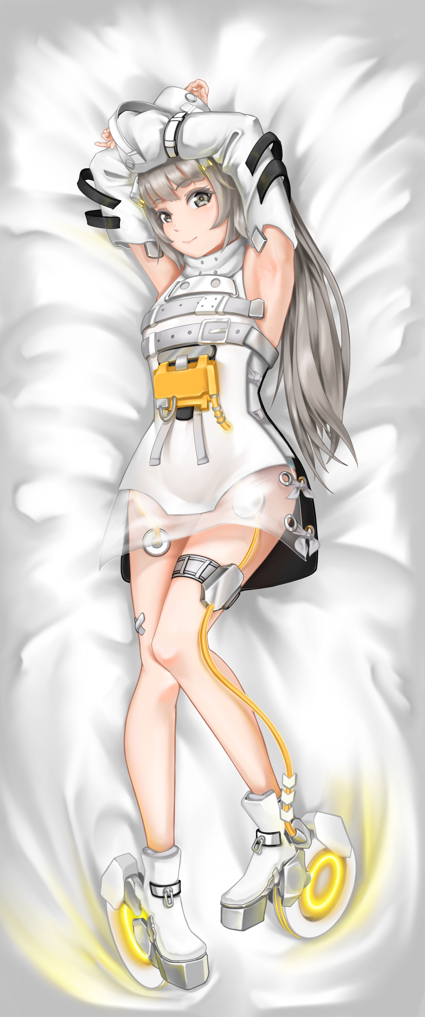 1girl absurdres armpits bodysuit detached_sleeves full_body grey_bodysuit grey_eyes grey_hair grey_shoes grey_sleeves highres long_hair long_sleeves nanami:_pulse_(gray_feathers:_pulse)_(pgr) nanami:_pulse_(pgr) nanami_(pgr) punishing:_gray_raven roller_shoes shoes sidelocks skates sleeves_past_wrists solo very_long_hair yuu_u