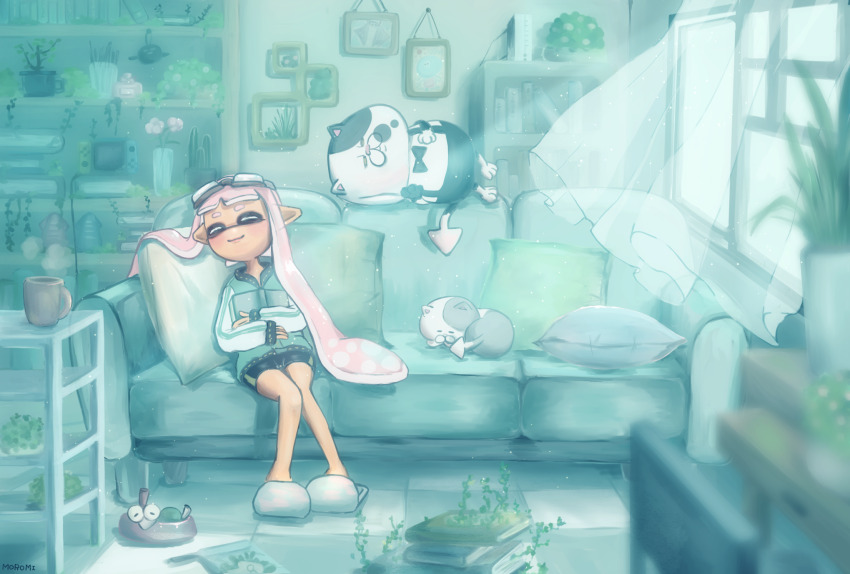 1girl big_man_(splatoon) black_shorts blue_jacket blunt_bangs blurry blurry_foreground blush book book_stack bookshelf bowl cable cactus closed_eyes closed_mouth commentary_request couch cup curtains depth_of_field flower flower_pot goggles goggles_on_head handheld_game_console harmony&#039;s_clownfish_(splatoon) highres holding holding_book indoors inkling inkling_girl inkling_player_character jacket jellyfish_(splatoon) judd_(splatoon) li&#039;l_judd_(splatoon) light_particles light_rays long_hair long_sleeves lying moromi_(kscd4482) mug nintendo nintendo_switch on_couch pet_bowl picture_frame pillow pink_flower pink_hair plant pointy_ears potted_plant scenery shelf short_eyebrows short_shorts shorts sidelocks sitting sleeping sleeping_upright slippers smallfry_(splatoon) smile splatoon_(series) steam tentacle_hair tile_floor tiles vase very_long_hair vines white_footwear window