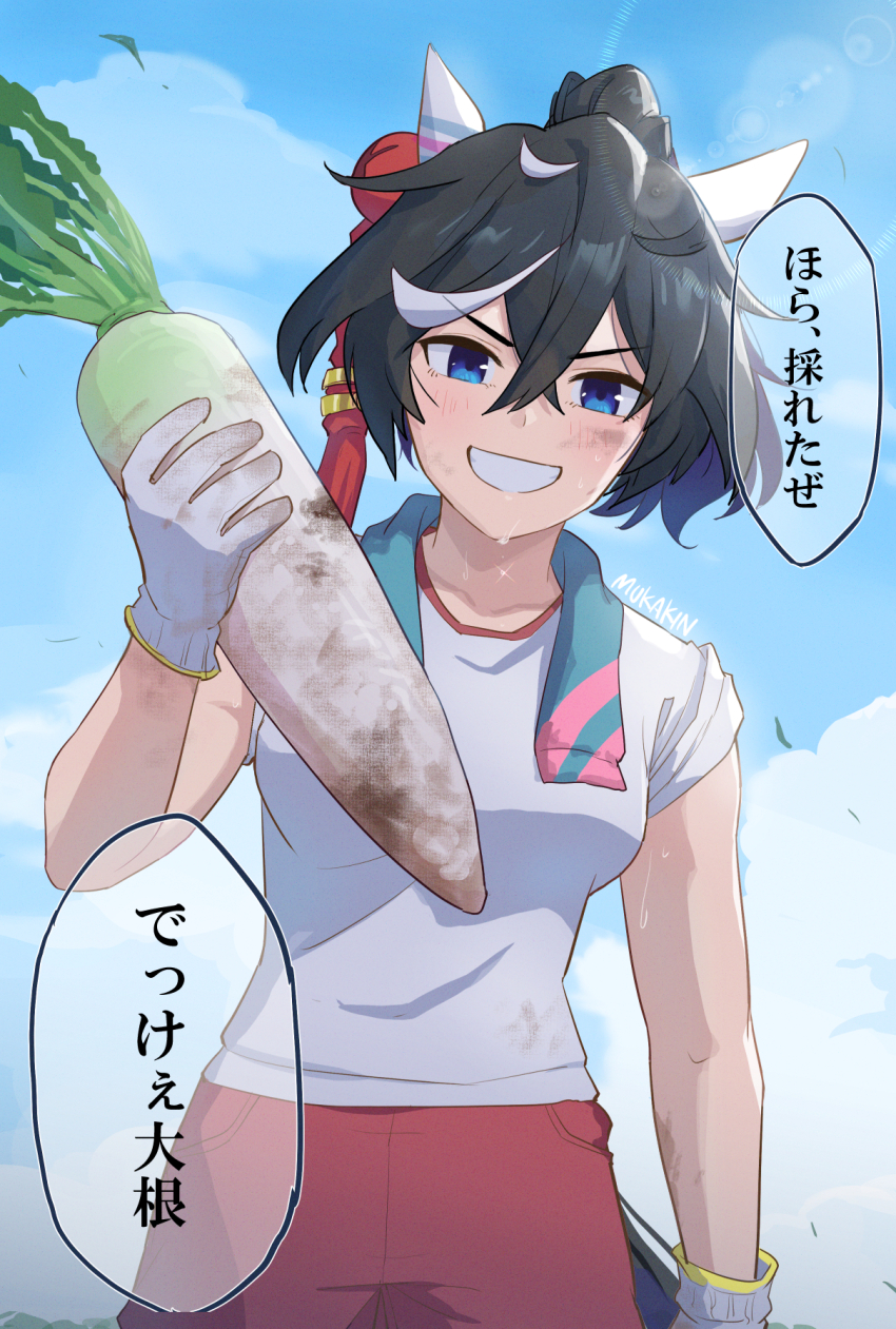 1girl alternate_costume animal_ears black_hair blue_eyes blue_sky bottle cloud commentary_request daikon day ear_covers gloves hair_between_eyes hair_ornament highres holding holding_bottle horse_ears horse_girl katsuragi_ace_(umamusume) looking_at_viewer medium_hair mukakin multicolored_hair outdoors ponytail radish shirt short_hair short_sleeves sky smile solo streaked_hair sweat tassel tassel_hair_ornament translated umamusume white_gloves white_hair