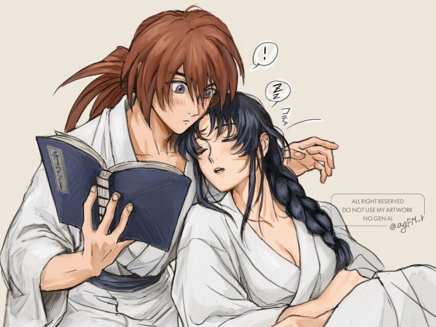 ! 1boy 1girl agfm_r black_hair blush book braid braided_ponytail breasts cleavage closed_eyes closed_mouth collarbone commentary_request couple hair_between_eyes hair_over_shoulder head_on_another&#039;s_shoulder highres himura_kenshin holding holding_book japanese_clothes kamiya_kaoru kimono leaning_on_person long_hair looking_at_another low_ponytail medium_breasts open_book open_hand ponytail purple_eyes red_hair rurouni_kenshin simple_background single_braid sleeping spoken_exclamation_mark spoken_zzz twitter_username upper_body watermark white_kimono wide_sleeves yukata zzz