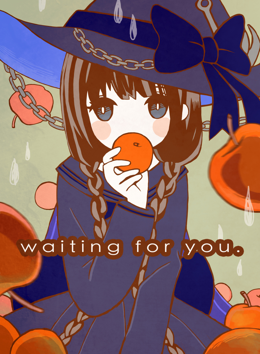 1girl absurdres anchor_hat_ornament apple blue_bow bow braid brown_hair chain covered_mouth food fruit funamusea hat hat_ornament highres holding holding_food holding_fruit low_twin_braids oounabara_to_wadanohara pleated_skirt shirt skirt solo twin_braids tz_(maomituanzi) wadanohara witch_hat