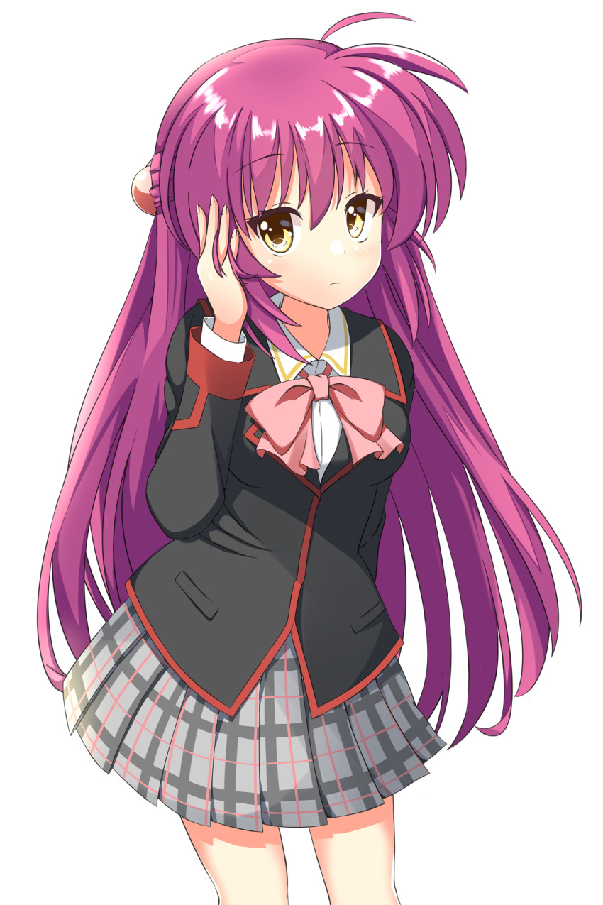 1girl ahoge arm_at_side black_jacket blush bow closed_mouth collared_shirt commentary cowboy_shot frown futaki_kanata grey_skirt hair_between_eyes hair_bobbles hair_ornament half_updo hand_up highres jacket little_busters! little_busters!_school_uniform long_hair long_sleeves looking_at_viewer miniskirt pink_bow plaid_clothes plaid_skirt pleated_skirt sanpaku school_uniform shirt sidelocks simple_background skirt solo straight_hair tsurime very_long_hair white_background white_shirt wistar1as yellow_eyes