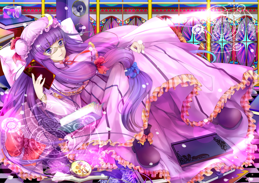 1girl bed_of_roses bespectacled blue_flower blue_rose book book_stack boots bow capelet checkered_floor crescent crescent_moon diary dress female_focus floor flower glasses hair_bow hair_ribbon hand_on_own_knee hat holding holding_book hongmao large_bow light_beam long_hair lying magic_circle mob_cap moon open_book pajamas patchouli_knowledge pillow pocket_watch purple_dress purple_eyes purple_hair ribbon rose smile solo speaker stained_glass tissue tissue_box touhou very_long_hair watch