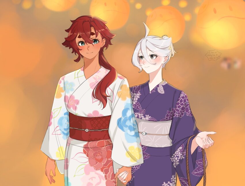 2girls blue_eyes closed_mouth commentary floral_print floral_print_kimono grey_eyes gundam gundam_suisei_no_majo hair_bun hair_up highres holding_hands japanese_clothes kimono long_hair miorine_rembran multiple_girls obi orange_background print_kimono purple_kimono qnhuw red_hair sash smile speech_bubble suletta_mercury symbol-only_commentary thick_eyebrows translation_request vietnamese_commentary white_hair white_kimono yuri