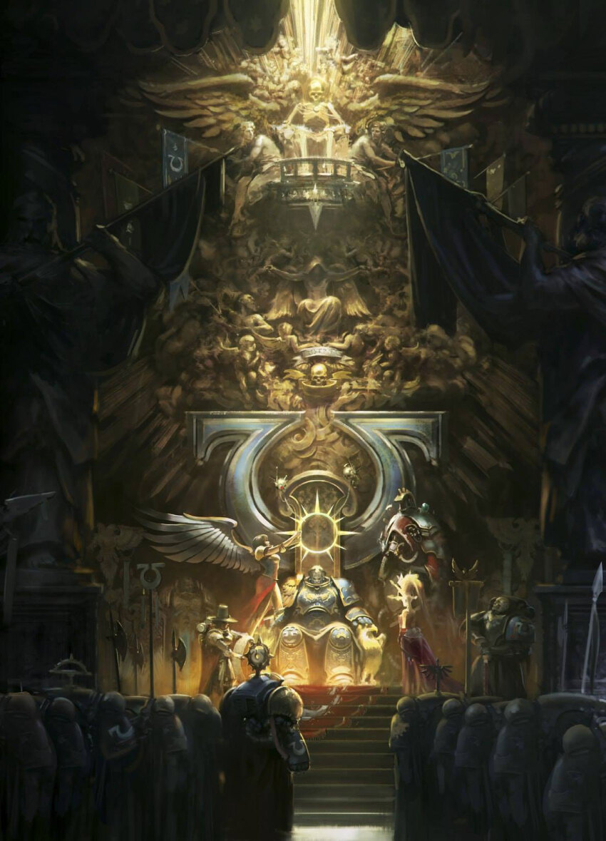 3girls 6+boys adepta_sororitas adeptus_astartes adeptus_mechanicus angel angel_wings aquila_(symbol) architecture armor balcony banner battle_standard belisarius_cawl black_hair blonde_hair boobplate breastplate candle carpet cherub cloak commentary coronation dress eagle_head_(ornament) eldar emperor_of_mankind english_commentary flag full_armor gauntlets greaves halberd halo helmet highres holding holding_halo holding_polearm holding_scroll holding_weapon imperial_aquila imperium_of_man indoors inquisition_(warhammer) inquisitor_katarinya_greyfax laurel_crown living_saint male_focus marneus_calgar multiple_boys multiple_girls no_headwear official_art omega_symbol ornate ornate_armor pauldrons pedronunez_art pilgrim_hat polearm power_armor primarch red_carpet red_cloak red_dress roboute_guilliman saint_celestine scroll servo-skull shoulder_armor sitting_on_throne skeleton skull_ornament spear spiked_halo stairs statue stone_stairs throne ultramarines vambraces war_banner warhammer_40k weapon wings yellow_halo yellow_light yvraine