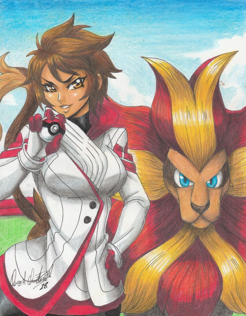1girl 2018 absurdres arm_up artist_name blue_eyes breasts brown_eyes brown_hair buttons candela_(pokemon) dark-skinned_female dark_skin gen_6_pokemon gloves grin hand_on_own_hip highres holding holding_poke_ball jacket large_breasts lion mane nintendo pantyhose parted_lips poke_ball pokemon pokemon_(creature) pokemon_go pyroar pyroar_(male) ravernclouk_design red_gloves short_hair smile snout standing tail traditional_media two-tone_gloves undershirt white_gloves white_jacket