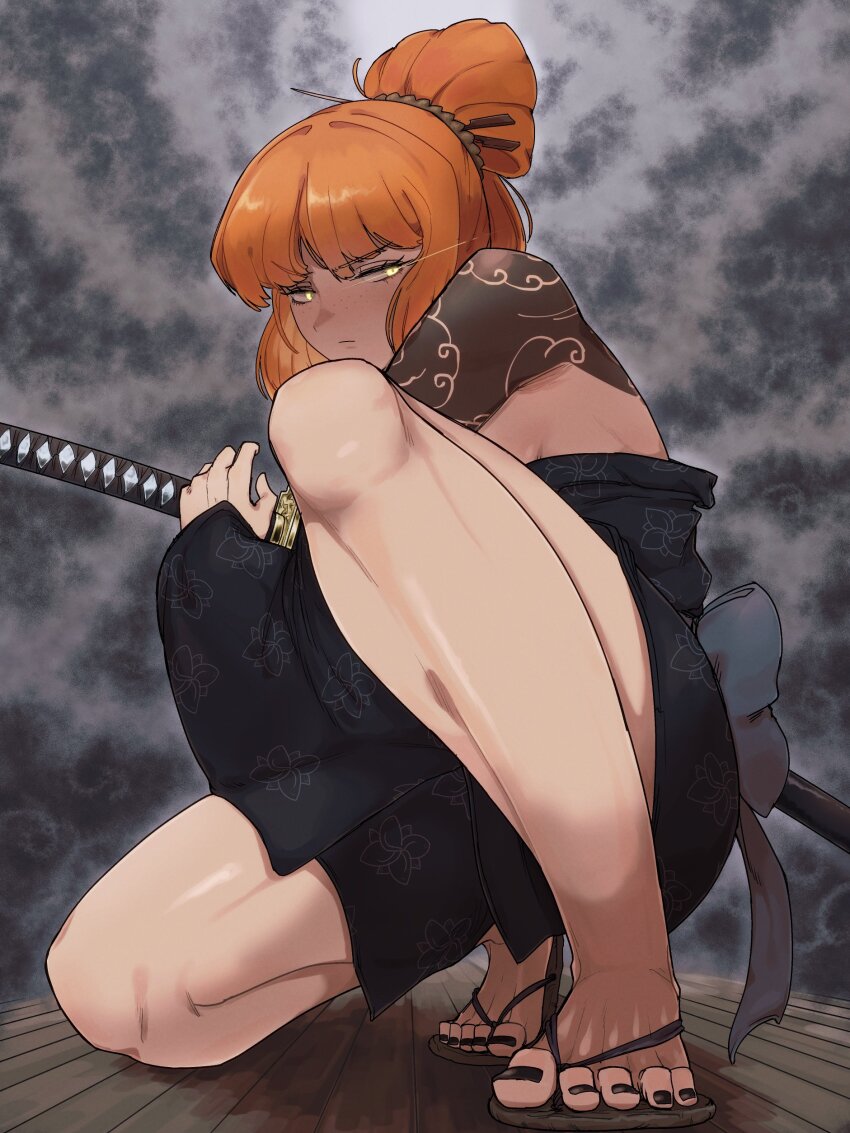 1girl absurdres arm_tattoo black_kimono black_nails cloud_tattoo commentary_request floral_print freckles glowing glowing_eyes hair_ornament hair_stick highres irezumi ishmael_(project_moon) japanese_clothes katana kimono kurokumo_clan_(identity)_(project_moon) limbus_company long_hair looking_at_viewer obi orange_hair project_moon sash sheath sheathed solo steam sword tashtego08 tattoo weapon wide_sleeves yellow_eyes