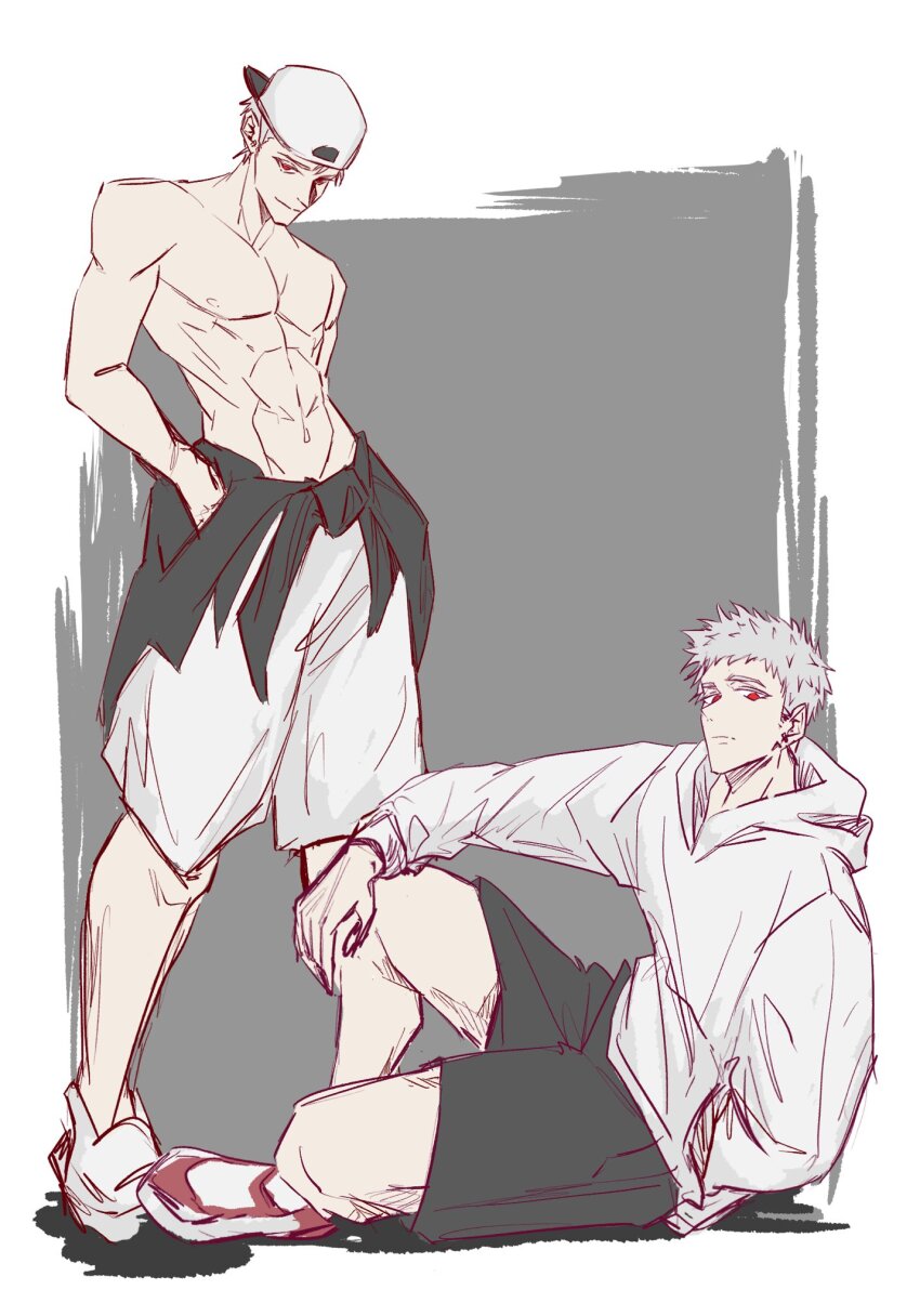 2boys age_difference black_hoodie black_shorts earrings gold_earrings grey_hair hand_in_pocket hand_on_own_knee hands_in_pockets highres hood hoodie jewelry light_smile long_sleeves looking_at_viewer multiple_boys original red_eyes sanasanase shoes shorts sketch sneakers solo topless_male tower_of_god two-tone_background urek_mazino white_hoodie white_shoes white_shorts