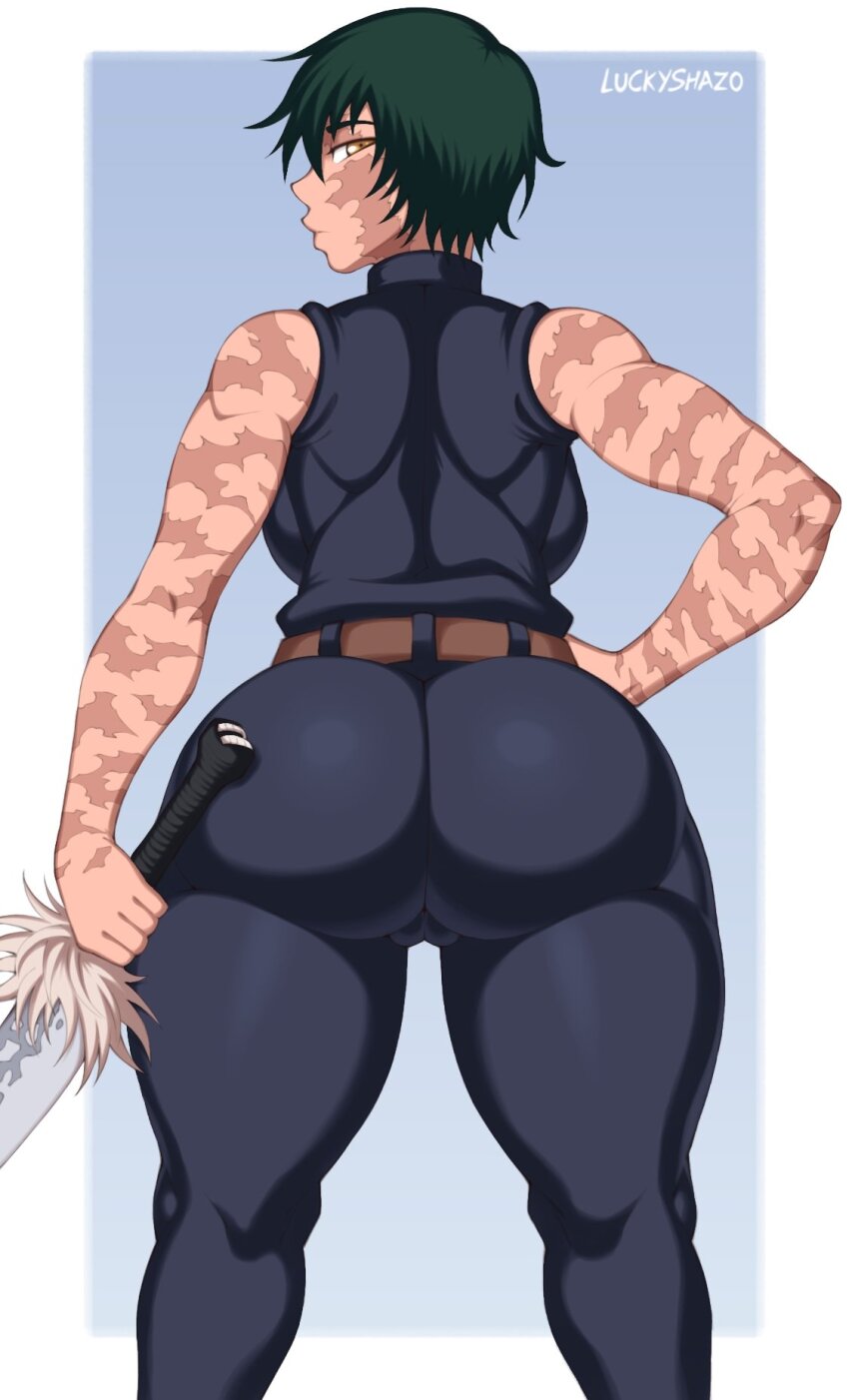 1girl alternate_costume alternate_hair_length alternate_hairstyle asian ass bare_arms bare_shoulders black_pants black_shirt burn_mark burn_scar burn_victim colored_sclera curvy facial_scar from_behind full_body highres holding holding_weapon huge_ass jujutsu_kaisen long_hair looking_at_viewer looking_back luckyshazo markings official_alternate_costume pants scar scar_across_eye scar_on_arm scar_on_cheek scar_on_face shirt short_hair thick_thighs thighs very_long_hair weapon wide_hips zen&#039;in_maki