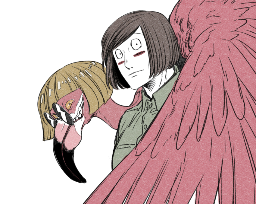 1boy animal bird blonde_hair brown_hair character_request commentary_request extra_eyes flamingo green_shirt grin looking_at_viewer luther_von_ivory male_focus oversized_animal randal&#039;s_friends round_eyewear shirt short_hair simple_background smile sunglasses tsukasa_(tsukasa_mimizuku) white_background