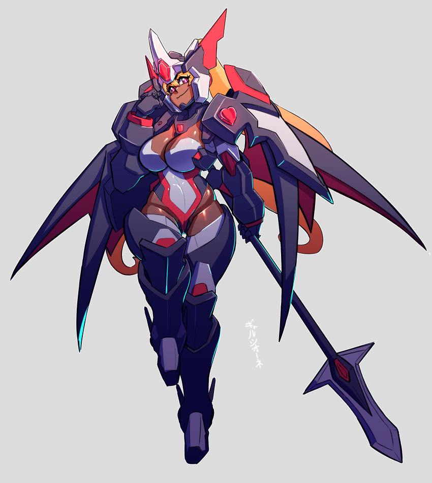 1girl absurdres alternate_color black_gloves blonde_hair breasts cosmikaizer dark-skinned_female dark_skin fangs fangs_out gloves grey_background grey_leotard head_tilt heart helmet highres holding holding_polearm holding_weapon lance large_breasts leotard long_hair looking_at_viewer mecha_musume mechanical_wings polearm ponytail smile solo super_robot_wars super_robot_wars_original_generation valsione very_long_hair weapon wings