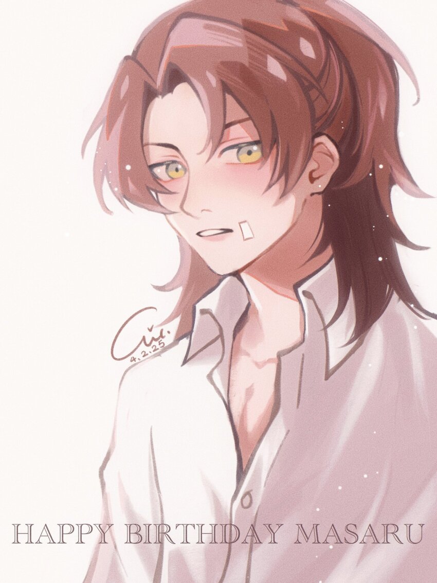 1boy aurola030 brown_hair daimon_masaru_(digimon_savers) digimon digimon_savers happy_birthday highres male_focus medium_hair shirt simple_background solo upper_body white_shirt