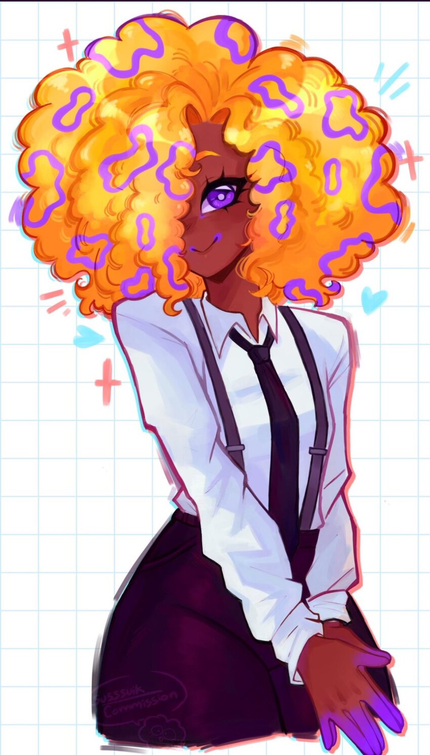 1girl afro black_necktie black_pants black_suspenders collared_shirt cowboy_shot cropped_legs dark-skinned_female dark_skin hair_over_one_eye heart highres long_sleeves looking_at_viewer necktie nintendo orange_hair own_hands_together pants patterned_hair purple_eyes second-party_source shirt shirt_tucked_in smile solo splatoon_(series) splatoon_3 susssuik tao_blu white_shirt