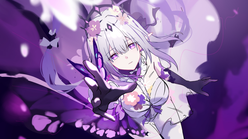 1girl absurdres breasts castorice_(honkai:_star_rail) chinese_commentary cleavage commentary_request dress from_above gloves head_wreath highres honkai:_star_rail honkai_(series) large_breasts long_hair pointy_ears purple_background purple_eyes purple_gloves purple_hair reaching reaching_towards_viewer solo via_shinan white_dress