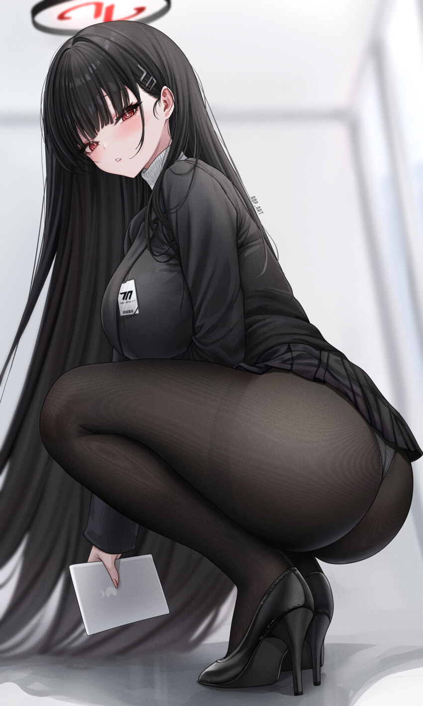 1girl abpart absurdres ass black_footwear black_hair black_halo black_jacket black_pantyhose blazer blue_archive blunt_bangs blurry blurry_background blush breasts bright_pupils clothes_lift commentary_request commission duplicate fine_fabric_emphasis full_body hair_behind_ear hair_ornament hairclip halo high_heels highres holding holding_tablet_pc id_card jacket large_breasts legs long_hair long_sleeves looking_at_viewer panties panties_under_pantyhose pantyhose parted_lips partial_commentary picking_up pleated_skirt red_eyes rio_(blue_archive) skirt skirt_lift squatting sweater tablet_pc thighs turtleneck turtleneck_sweater underwear very_long_hair white_sweater
