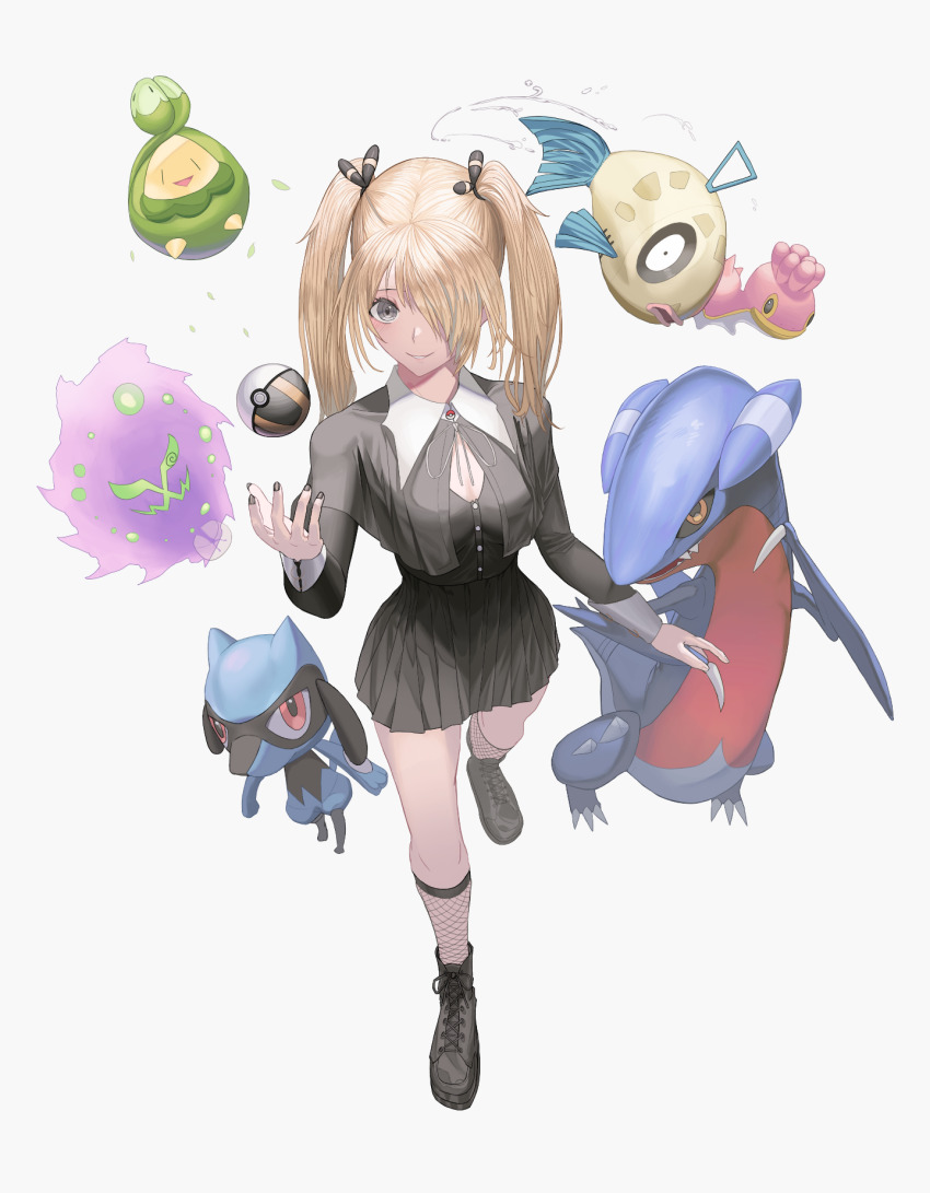 1girl aged_down blonde_hair boots breasts budew cleavage_cutout clothing_cutout cynthia_(pokemon) feebas fish fishnet_legwear fishnets full_body gabite gen_3_pokemon gen_4_pokemon grey_eyes hair_over_one_eye highres long_hair looking_at_viewer medium_breasts nanidato_(nanidat0) nintendo parted_lips pleated_skirt poke_ball pokemon pokemon_(creature) pokemon_dppt riolu shellos skirt smile solo spiritomb tossing twintails ultra_ball