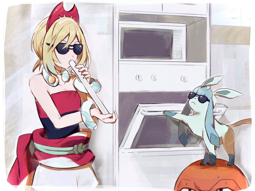 1girl blonde_hair breasts collar flute gen_4_pokemon glaceon hairband hamachamu highres hisuian_voltorb indoors instrument irida_(pokemon) jewelry kitchen meme music neck_ring nintendo oven playing_instrument pokemon pokemon_(creature) pokemon_legends:_arceus red_headwear red_shirt shirt shorts small_breasts strapless strapless_shirt sunglasses when_mama_isn&#039;t_home_(meme) white_shorts