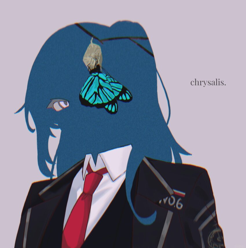 1boy black_coat black_vest blending blue_hair coat collared_shirt half_updo highres hong_lu_(project_moon) limbus_company long_hair long_sleeves looking_at_viewer necktie past_desiderium project_moon red_necktie shirt simple_background solo very_long_hair vest white_background white_eyes white_shirt