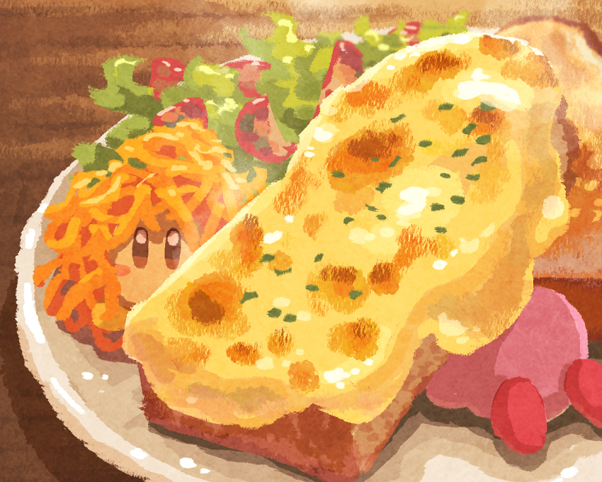 bread bread_slice cheese colored_skin food food_focus foodification in_food kirby kirby&#039;s_dream_land kirby_(series) lettuce looking_at_viewer miclot nintendo no_humans pink_shoes pink_skin plate shoes tomato tomato_slice waddle_dee