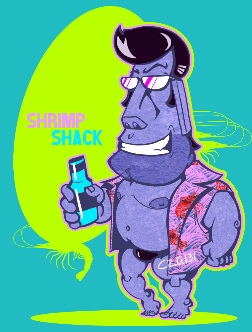 absurdres alcohol barefoot beard_stubble bulge czq131 facial_hair fat fat_man hawaiian_shirt highres male_focus male_swimwear moai navel nipples original pompadour pop_art shirt shrimp signature smile stubble sunglasses swim_briefs