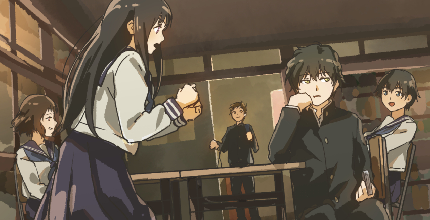 2boys 3girls black_hair blue_eyes book chair chitanda_eru clenched_hands fukube_satoshi fuyuhino grin head_rest hyouka ibara_mayaka long_hair medium_hair multiple_boys multiple_girls oohinata_tomoko oreki_houtarou school_uniform short_hair smile table yellow_eyes