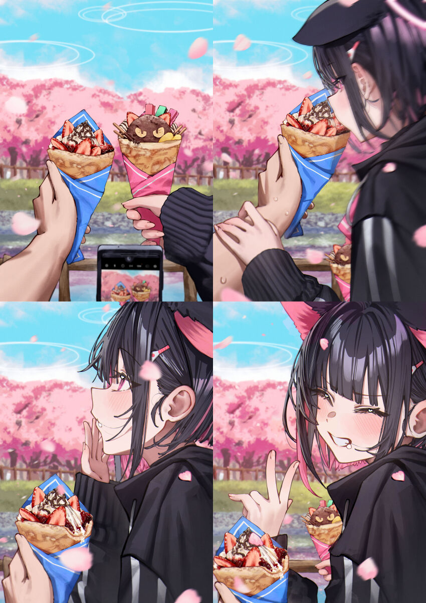 1boy 1girl ^_^ absurdres animal_ears betabeet black_hair black_jacket blue_archive blush cat_ears cellphone cellphone_photo cherry_blossoms closed_eyes commentary cream cream_on_face crepe eating extra_ears falling_petals fingernails food food_on_face food_theft highres holding holding_crepe holding_food jacket kazusa_(blue_archive) multicolored_hair outdoors petals phone pink_hair pov pov_hands railing red_eyes sensei_(blue_archive) smile stitched third-party_edit two-tone_hair upper_body w