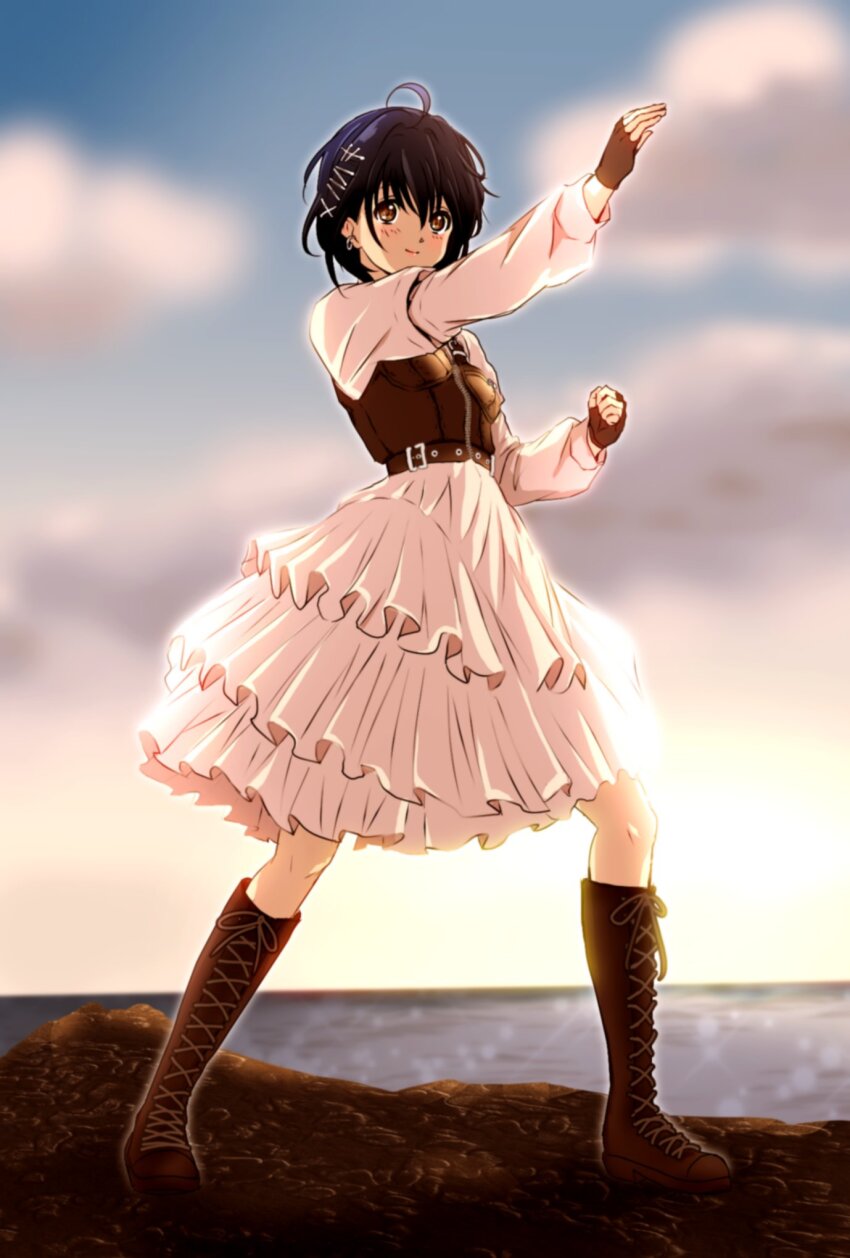 1girl 22/7 ahoge arm_up black_boots black_gloves black_hair blurry bodice boots brown_eyes bxtbsy7q76gxh73 clenched_hand closed_mouth depth_of_field dress evening fingerless_gloves gloves hair_ornament hairclip highres horizon long_hair official_alternate_hair_ornament open_mouth rock rock_wa_shinanai solo standing takigawa_miu white_dress
