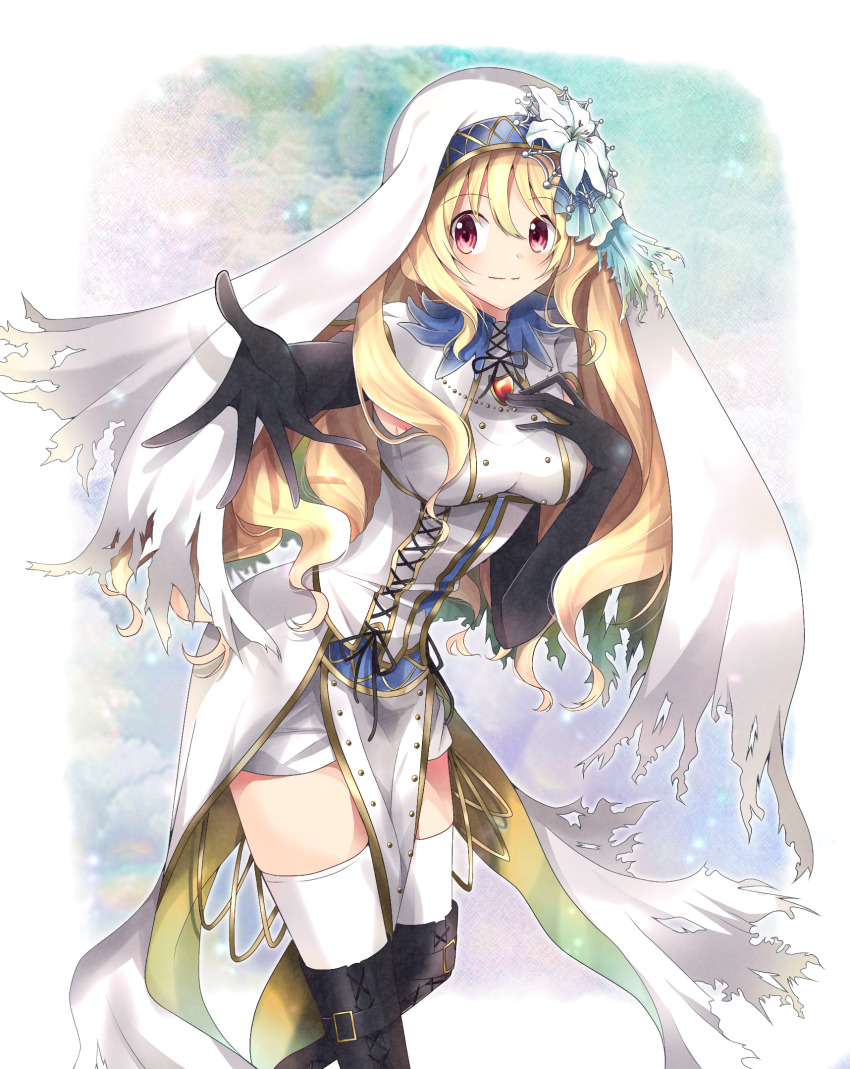 1girl blonde_hair breasts dot_nose elbow_gloves gloves highres long_hair magia_record:_mahou_shoujo_madoka_magica_gaiden mahou_shoujo_madoka_magica red_eyes simple_background skirt smile solo thighhighs thighs togame_momoko togame_momoko_(sister_ver.) white_background yuramero67 zettai_ryouiki