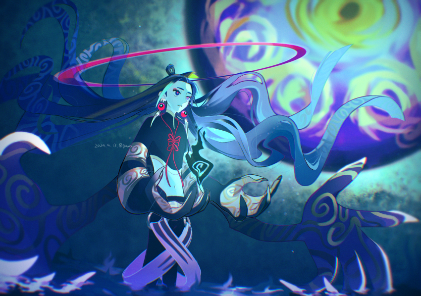 1boy black_hair black_pants blonde_hair blue_eyes blue_hair chinese_clothes earrings eyeshadow fate/grand_order fate_(series) gloves green_eyes hair_rings halo highres jewelry kousuke_(kari) long_hair long_sleeves makeup male_focus multicolored_eyes multicolored_hair open_mouth pale_skin pants red_eyeshadow taisui_xingjun_(fate) tooth_earrings
