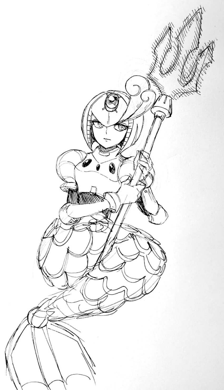 1girl android closed_mouth commentary elbow_gloves expressionless full_body gloves greyscale helmet highres holding holding_polearm looking_to_the_side mega_man_(classic) mega_man_(series) mega_man_9 mermaid monochrome monster_girl polearm simple_background solo splash_woman takenokonoko traditional_media trident weapon white_background