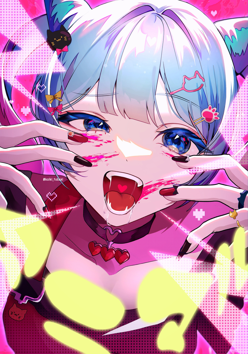 1girl absurdres animal_(vocaloid) animal_ears black_shirt blue_hair cat_hair_ornament choker facial_mark fangs hair_bun hair_ornament hairclip hatsune_miku heart highres jewelry long_hair looking_at_viewer nail_polish open_mouth shirt solo tubaki_koiki twintails vocaloid