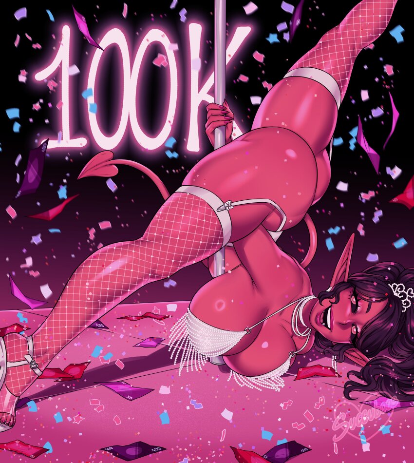 1girl absurdres artist_logo artist_name ass black_sclera bra breasts brown_hair charlotte_(succuboos) colored_sclera colored_skin confetti demon_girl demon_tail earrings fishnet_thighhighs fishnets flexible garter_straps high_heels highres jewelry large_breasts lingerie logo long_hair looking_at_viewer mature_female milestone_celebration necklace numbered open_mouth original pearl_bra pearl_earrings pearl_necklace pointy_ears pole pole_dancing red_eyes red_skin solo split spread_legs stripper_pole succuboos tail teeth thighhighs tiara underwear upper_teeth_only white_bra white_footwear white_garter_straps white_thighhighs