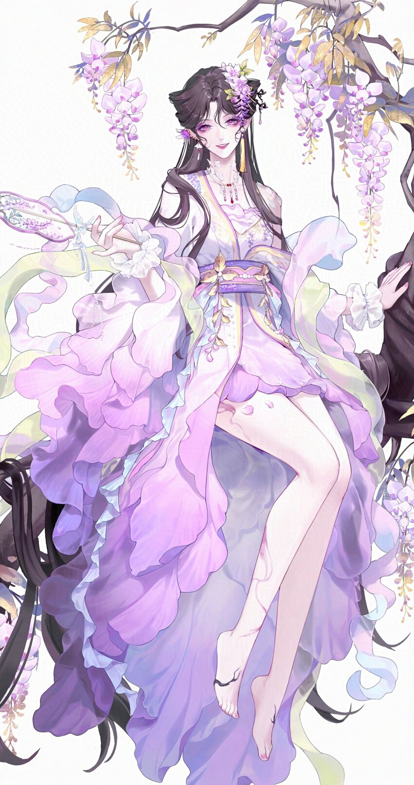 1girl absurdres bare_legs barefoot black_hair body_markings branch chinese_clothes chinese_commentary collarbone commentary cracked_skin dress duijin_ruqun earrings eyeshadow floral_dress flower flower_request frilled_bracelet full_body hair_between_eyes hair_flower hair_ornament hand_fan hanfu highres holding holding_fan houraisan_chouko jewelry long_hair looking_at_viewer makeup mismatched_earrings nail_polish necklace parted_bangs parted_lips path_to_nowhere pearl_necklace petal_earrings pink_dress pink_flower pink_nails pinky_out plantar_flexion purple_eyes purple_eyeshadow purple_flower purple_lips purple_sash sash simple_background single_bare_shoulder single_off_shoulder smile solo tassel tassel_earrings toenail_polish toenails transparent_fan very_long_hair white_background yingying_(path_to_nowhere)