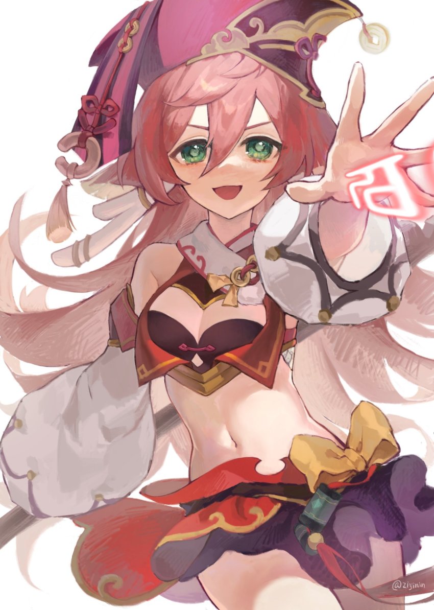 1girl antlers bare_shoulders breasts cleavage_cutout clothing_cutout cowboy_shot crop_top detached_sleeves floating_hair genshin_impact green_eyes hair_between_eyes hat highres horns long_hair long_sleeves looking_at_viewer midriff miniskirt navel outstretched_arm pink_hair red_hat revealing_clothes runes simple_background skirt small_breasts solo stomach white_background yanfei_(genshin_impact) zi_yin