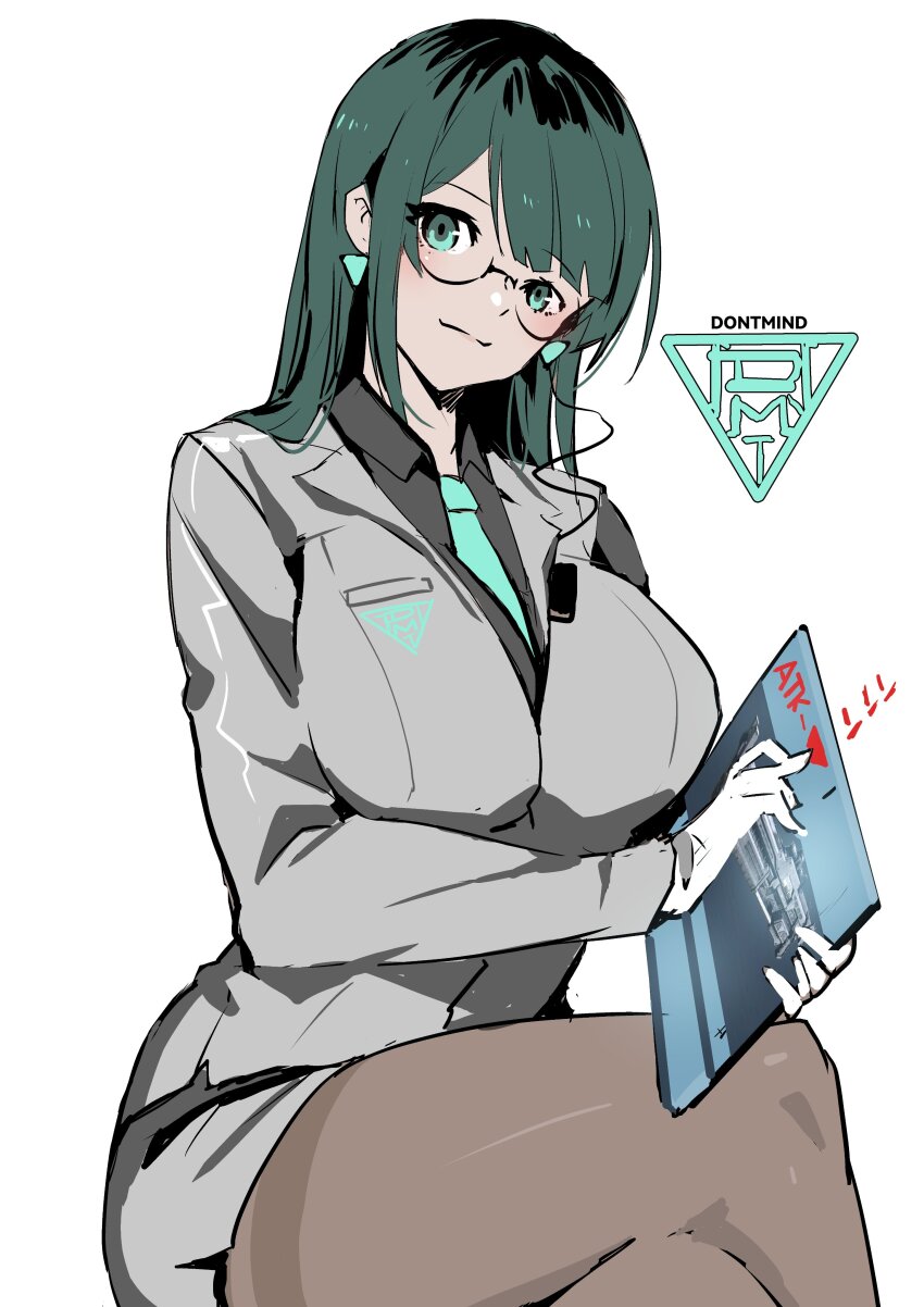 1girl absurdres allmind_(armored_core_vi) armored_core armored_core_vi:_fires_of_rubicon black_hair black_shirt blunt_bangs crossed_legs earrings english_text formal_clothes glass grey_suit han_megumi head_tilt highres holding holding_tablet_pc jewelry las91214 long_hair office_lady original pencil_skirt shirt sitting skirt suit tablet_pc voice_actor