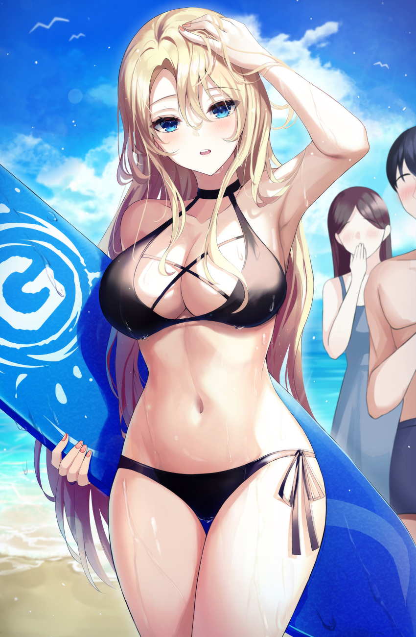 1boy 2girls absurdres arm_up armpits bare_arms bare_shoulders bikini black_bikini blonde_hair blue_eyes breasts cleavage cowboy_shot elsword gongha halterneck highres large_breasts long_hair looking_at_viewer multiple_girls navel parted_lips prime_operator_(elsword) rose_(elsword) side-tie_bikini_bottom solo_focus standing stomach surfboard swimsuit thigh_gap thighs very_long_hair wet