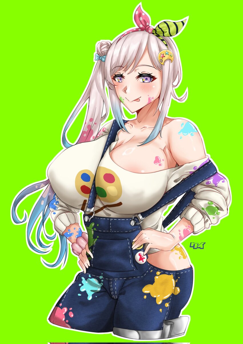 1girl airani_iofifteen airani_iofifteen_(1st_costume) area_15 blush breasts cleavage gradient_hair hair_ornament highres hololive hololive_indonesia keigakou large_breasts long_hair looking_at_viewer multicolored_hair overalls paint_on_body paint_on_clothes paint_palette paint_splatter paint_splatter_on_face palette_hair_ornament pink_hair purple_eyes side_ponytail simple_background smile solo virtual_youtuber
