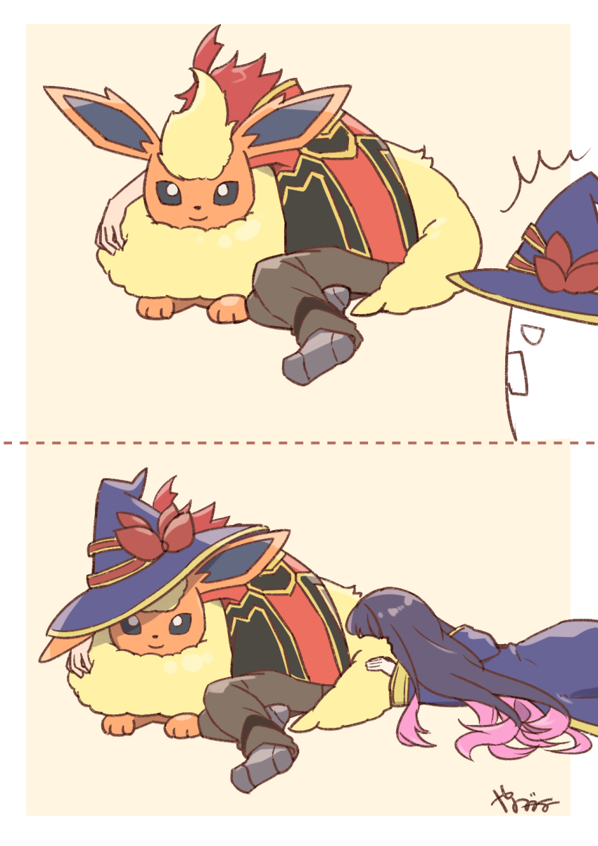 1boy 1girl asagaki_toogo black_hair black_hat body_fur border commentary_request creatures_(company) crossover cuddling flareon game_freak gen_1_pokemon hat highres idola_avorn jacket multicolored_hair nintendo pokemon pokemon_(creature) purple_hair red_fur red_hair red_jacket sentai_red_ga_isekai_de_boukensha_ni_naru simple_background sleeping smile two-tone_hair white_border witch_hat yanagimachi yellow_fur