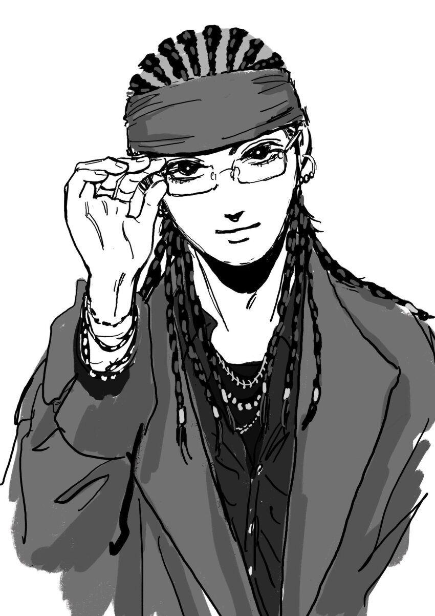 1boy adam&#039;s_apple adjusting_eyewear bandana bracelet collared_shirt cornrows cropped_shoulders douan_kazusato earrings glasses greyscale gupunw head_tilt highres hoop_earrings hypnosis_mic hypnosis_mic:_rule_the_stage jewelry lapels layered_shirt light_smile long_hair long_sleeves looking_at_viewer male_focus monochrome multiple_bracelets multiple_necklaces multiple_rings partially_unbuttoned rectangular_eyewear ring shirt simple_background sleeves_rolled_up solo white_background