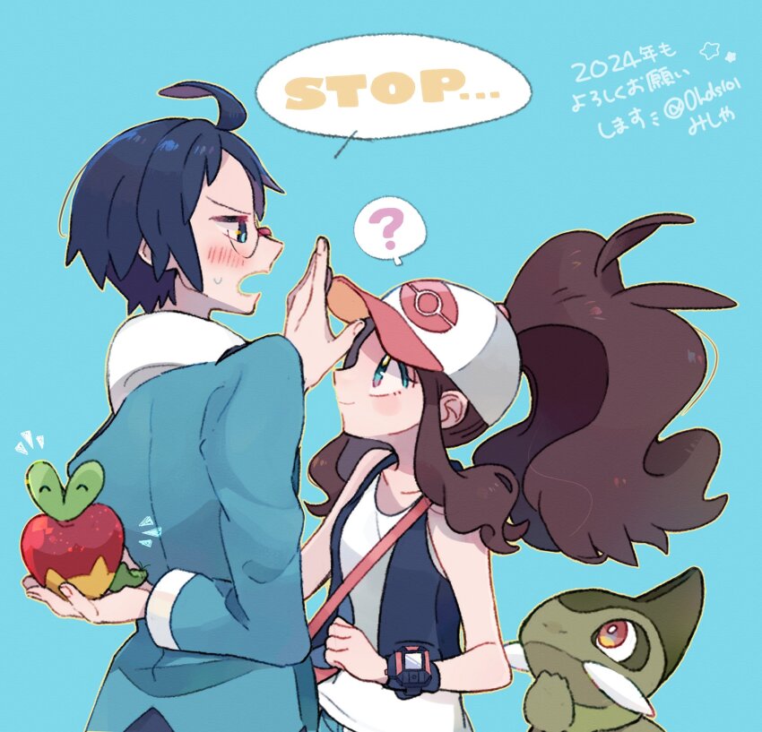 1boy 1girl ? ahoge apple applin axew baseball_cap blue_background blue_hair blush brown_hair cheren_(pokemon) closed_mouth collarbone colored_skin commentary_request dated food fruit gen_5_pokemon gen_8_pokemon glasses green_skin hat highres hilda_(pokemon) holding holding_pokemon long_hair misha_(ohds101) nintendo open_mouth poke_ball_symbol pokemon pokemon_(creature) pokemon_bw ponytail red_eyes round_eyewear shirt short_hair simple_background speech_bubble thought_bubble translation_request watch white_shirt worm wristwatch