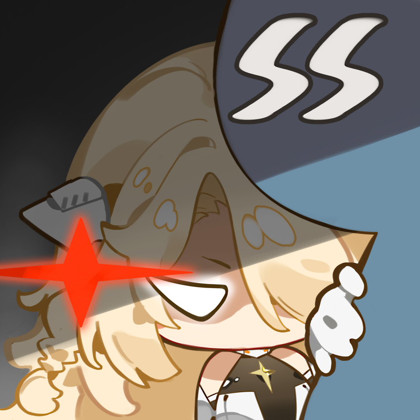 &gt;:( 1girl angelus_(neural_cloud) angry artist_request blonde_hair chibi chibi_only chinese_commentary girls&#039;_frontline girls&#039;_frontline_neural_cloud hair_over_one_eye hand_on_another&#039;s_shoulder highres no_mouth official_art partially_shaded_face second-party_source solid_eyes solo_focus v-shaped_eyebrows