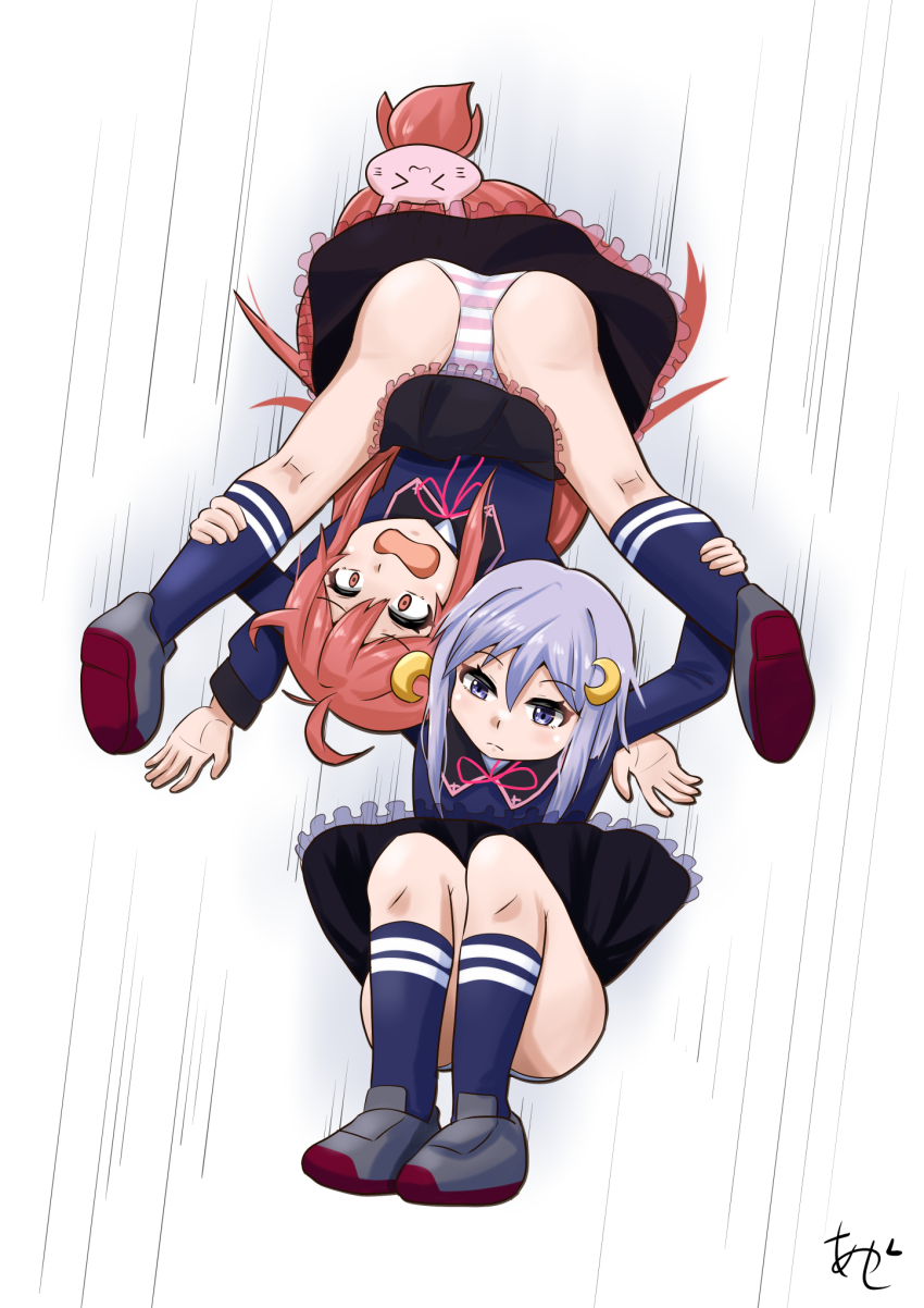 2girls akashieru black_sailor_collar black_skirt blue_eyes blue_shirt blue_socks commentary_request crescent crescent_hair_ornament crescent_pin hair_ornament highres kantai_collection kinniku_buster multiple_girls open_mouth orange_eyes panties pleated_skirt purple_hair rabbit_hair_ornament red_eyes sailor_collar school_uniform serafuku shirt short_hair_with_long_locks skirt socks striped_clothes striped_panties underwear uzuki_(kancolle) yayoi_(kancolle)