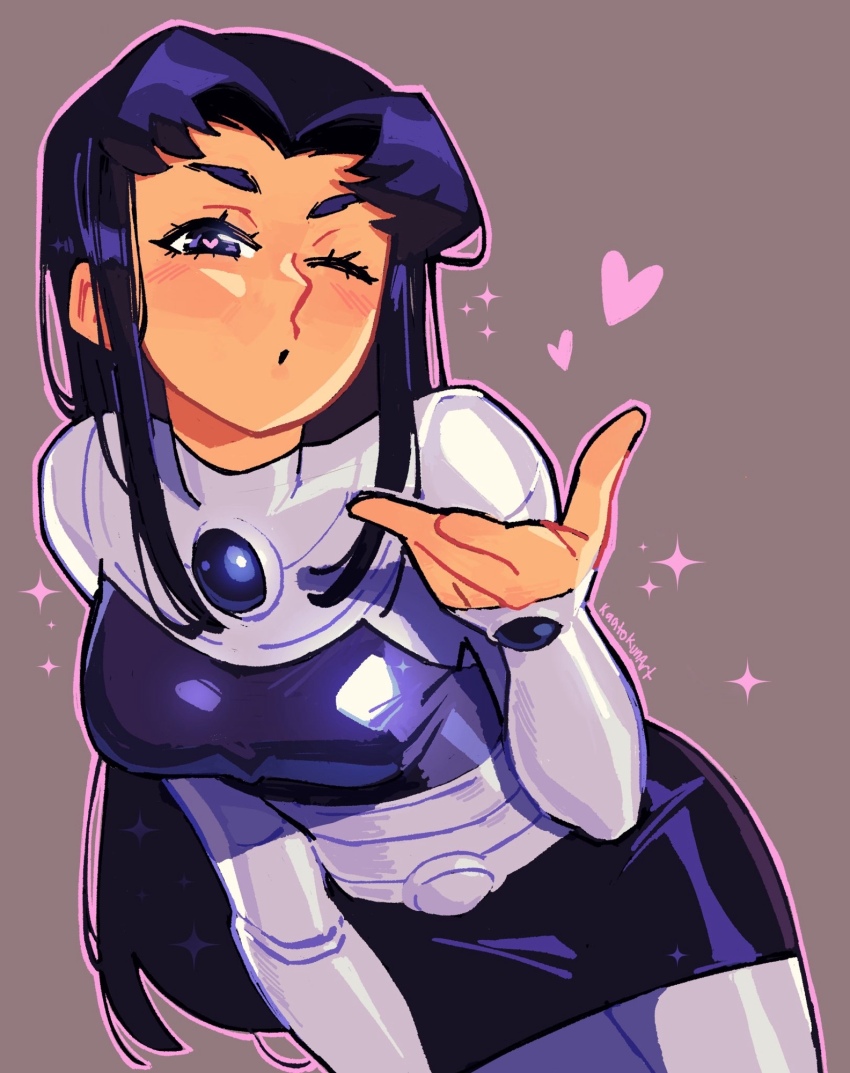 1girl black_hair blackfire blush breasts colored_skin dc_comics heart heart-shaped_pupils highres kaatokun long_hair looking_at_viewer medium_breasts miniskirt one_eye_closed orange_skin purple_eyes purple_hair simple_background skirt symbol-shaped_pupils tamaranean teen_titans thick_eyebrows thighhighs thighs