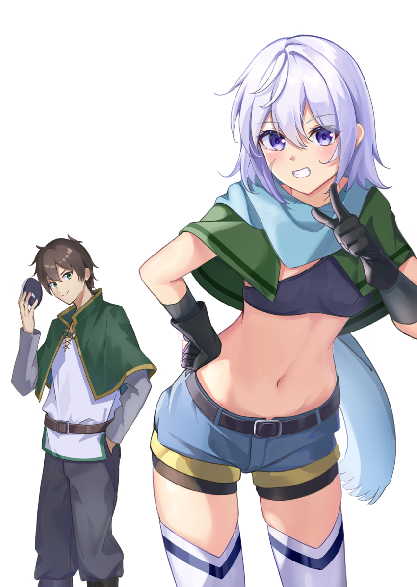 1boy 1girl 310setsu aqua_scarf black_hair black_pants blue_shorts blush breasts capelet chris_(konosuba) clenched_teeth closed_mouth cowboy_shot crop_top facial_scar green_capelet green_eyes hair_between_eyes hand_in_pocket hand_on_own_hip hand_up highres holding holding_mask kono_subarashii_sekai_ni_shukufuku_wo! leaning_forward looking_at_viewer mask navel pants purple_eyes purple_hair satou_kazuma scar scar_on_cheek scar_on_face scarf shirt short_hair shorts shorts_under_shorts simple_background small_breasts smile standing teeth thighhighs white_background white_shirt white_thighhighs
