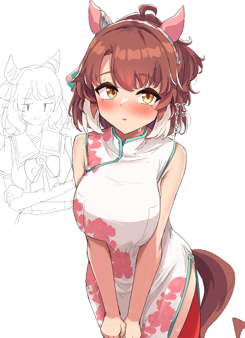 2girls absurdres alternate_costume animal_ears blush breasts brown_hair china_dress chinese_clothes commentary_request dantsu_flame_(umamusume) dress ear_covers gryebooks highres hishi_miracle_(umamusume) horse_ears horse_girl horse_tail large_breasts looking_at_viewer multicolored_hair multiple_girls school_uniform short_hair simple_background sleeveless sleeveless_dress tail tracen_school_uniform two-tone_hair umamusume white_background white_dress white_hair yellow_eyes